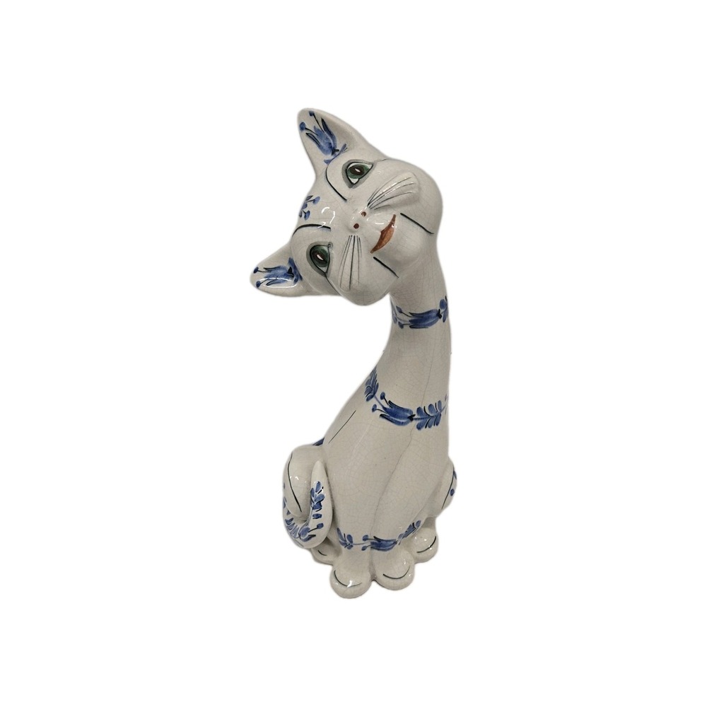 Vintage Italian Pottery Blue and White Floral Long Neck Cat 11" Tall Italy